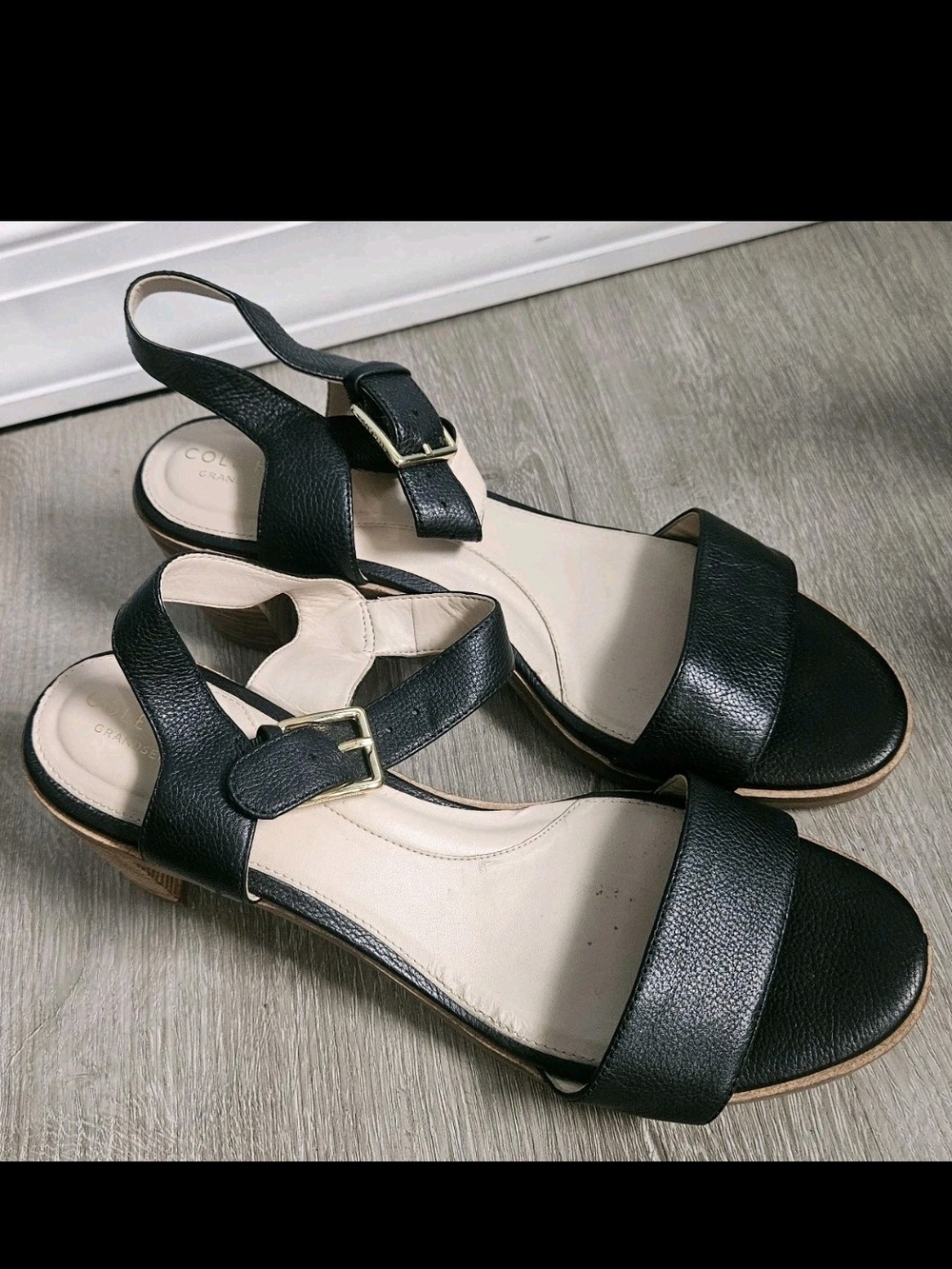 Cole Haan Anette Black Tumbled Leather Ankle Strap Block Heel Sandal 8.5 - Picture 2 of 10